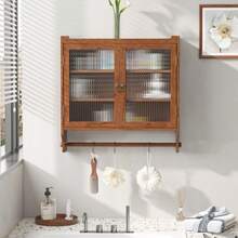 Mobiletto da parete vintage a due ante con anta in vetro da 63 cm, tre livelli di stoccaggio e portasciugamani per bagno, cucina, sala da pranzo - Castano - Visualizzare 1