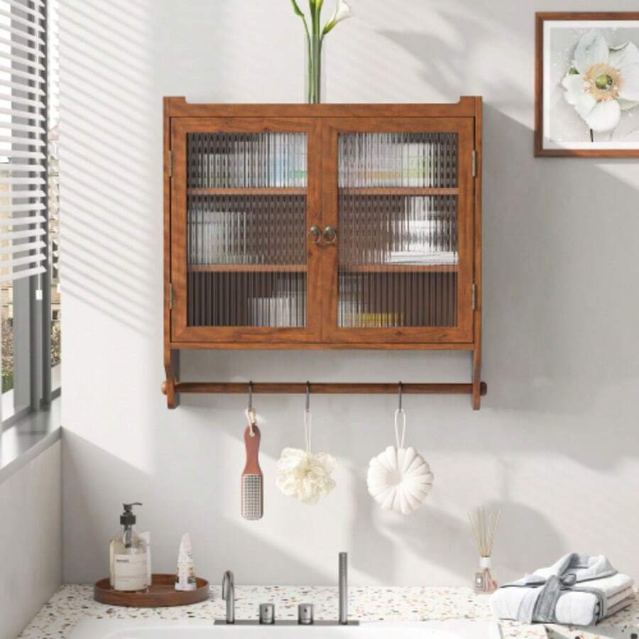 Mobiletto da parete vintage a due ante con anta in vetro da 63 cm, tre livelli di stoccaggio e portasciugamani per bagno, cucina, sala da pranzo - Castano - Visualizzare 1