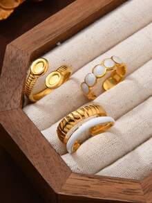 3件套不锈钢蛇形几何滴油戒指套装，适合青少年日常佩戴，节日、郊游、派对等场合，可个性化搭配 - 金色 - 查看 4