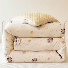 1pc Cartoon Print Knitted Fabric & Velvet Pom-Pom Comforter, Quilted Duvet, All Season Down Alternative Bedding, With Corner Ties, Warm & Soft Quilting Technique, Suitable For Bedroom, Guest Room