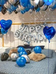 55pcs 16-Inch Silver Happy Birthday Letter Foil Balloon Set, Includes Blue, Silver Latex Balloons And Heart Foil Balloons, For Happy Birthday English Letter Decoration, Party Scene Decor, Birthday Party, Home Party Background Decoration, Wedding, Birthday Party Blue Balloons - Multicolor - View 4