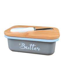 Iron Butter Tray With Bamboo Cover And Knife Airtight Cheese Storage Box Kitchen Storage Items Butter Storage Container - Grey - View 1
