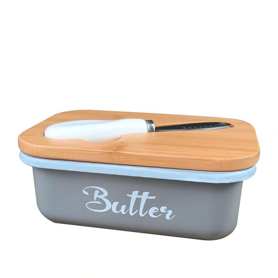 Iron Butter Tray With Bamboo Cover And Knife Airtight Cheese Storage Box Kitchen Storage Items Butter Storage Container - Grey - View 1