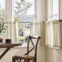 Boho Kitchen Curtains 24 Inch Linen Tier Curtains With Geometric Pattern Bohemian Cafe Small Filtering Window Treatment Living Room RV Back Tab 2 Panels Green On Linen - 26"W X 24"L (Pack Of 2) + Liora | Green On Linen - View 3