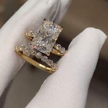 2Pcs Luxury Women's Fashion 18K Gold Plated Zirconia Wedding Ring Set Wedding Band Engagement Party Birthday Anniversary Christmas Gifts For Women Girlfriend Fine Jewelry - Gold - View 1