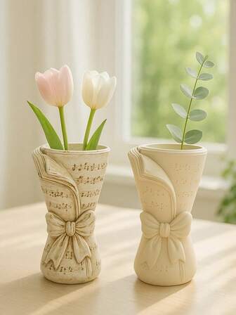 1个户外装饰蝴蝶结花瓶，复古丝带风格花园花盆，适用于露台、阳台、门廊展示，乡村风格户外装饰中心摆件