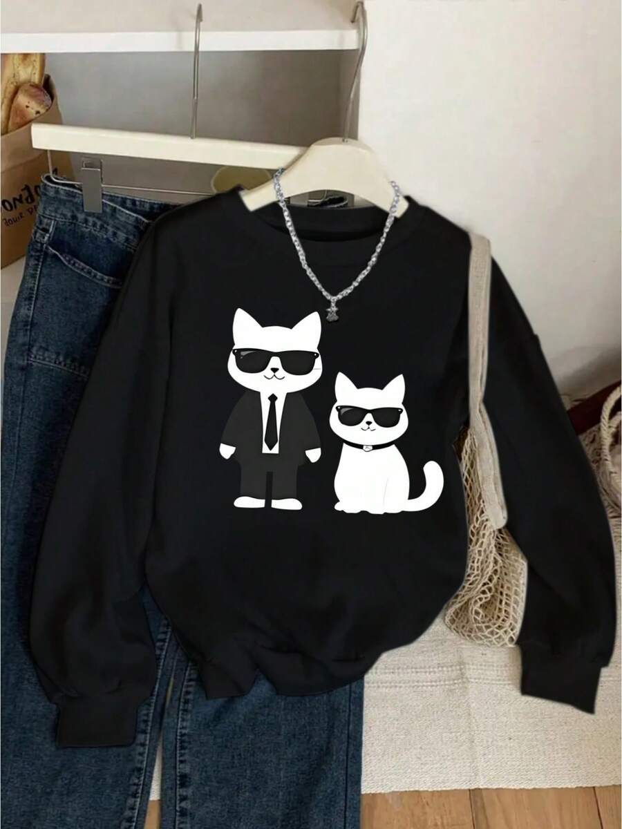 Women Casual Crew Neck Sweatshirt With Fashion Glasses Cat Print Long Sleeve Pullover For Fall And Winter Fabric Allseason Apparel Casual Style Construction - 黑色 - 查看 1