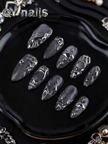 10Pcs Handmade Full Cover Press-On Nails, Almond Shaped Mid-Length Silver Grey Glamorous Style, Suitable For Daily Wear And Occasions, Fit For Women/Girls, Includes 1Pc Jelly Pad And 1Pc Nail Shaper Tool Nail Supplies Nails Handmade Press On Nails - Grey - View 11