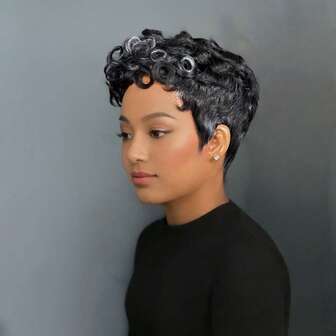 Curly Short Human Hair Wig For Black Women Pixie Cut Wig Wig For Women Human Hair Pixie Wig For Women None Lace Front Full Machine Made 1B60 Color Short Wigs For Black Women Layered Pixie Haircut Wigs With Bangs Human Hair For Christmas,Daily Use