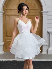 YUMIBRAVO 芭蕾舞风格新娘婚纱 圣诞派对礼服 优雅珠光亮片连衣裙 女士不对称下摆派对礼服 女士婚纱 新娘舞会礼服 毕业礼服 舞会礼服 女士正式礼服 女士生日礼服 - 白色 - 查看 4