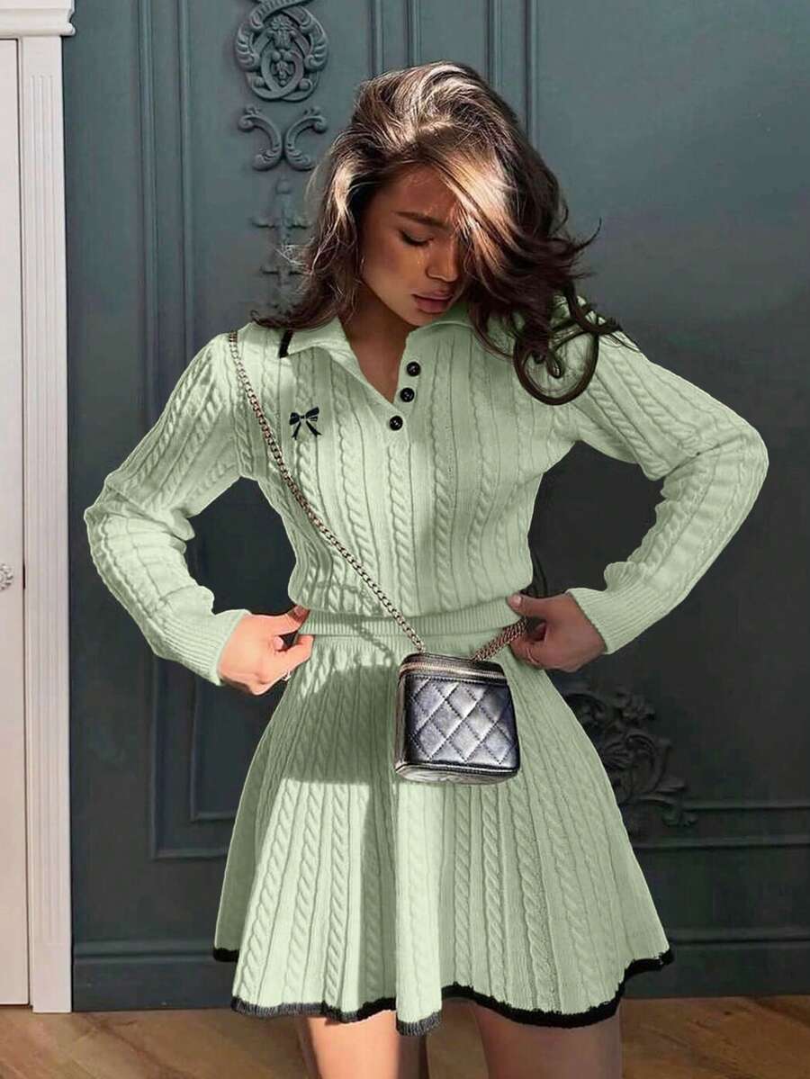 2026 春季蝴蝶刺绣修身长袖 Polo 衫及收腰中长裙两件套，女士两件套，女士演唱会服装，女士情人节服装，新年服装，Y2K 女装，节日服装，女士派对服装，女士度假服装，女士节日服装，女士春季服装，女士夏季服装，女士生日服装，女士邮轮服装