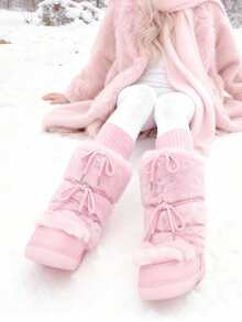 Knee High Boots For Women,Fuzzy Flat Round Toe Rhinestone Lace-Up Slip On Warm Shoes Winter Outdoor Party Chirstmas And Halloween Snow Boots - 粉色 - 查看 5