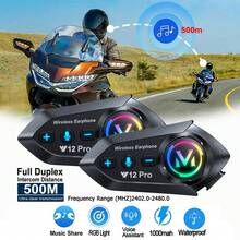 Y12 Pro 摩托车头盔对讲耳机，蓝牙 5.4 无线对讲，RGB 灯光，IPX6 防水，内置对讲指示灯，支持跨品牌对讲，对讲距离最远可达 500 米，兼容半盔和全盔，1000mAh 电池容量，支持同时进行对讲和音乐共享，支持 AI 语音助手，可同时连接两部手机。