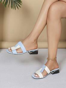 Light Blue Patchwork Comfortable Open Toe Low Heel Slide Sandals - Suitable For Commuting, Daily Wear And Party For Women - Baby Blue - View 2