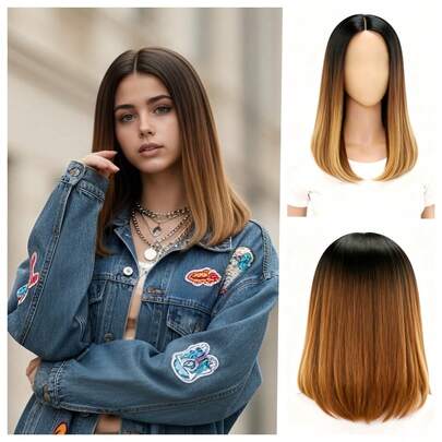 16 Inch Elegant European & American Style Ombre Brown Middle Part Medium Length Straight Wig With Layered Ends, Suitable For Daily Wear, Festivals, Parties, Cosplay, Soft And Smooth With Moderate Hair Volume
