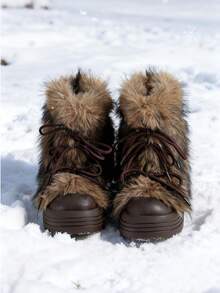 女士人造毛皮内衬雪地靴，保暖时尚，适合冬季穿着，饰有装饰性鞋带和厚底，打造休闲都市风格，可搭配打底裤、紧身裤或裙子，在寒冷的日子里提供舒适和温暖。