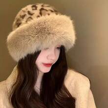 A Vintage Leopard Print Men's And Women's Autumn And Winter Faux Fur Thick Fisherman Hat, Multifunctional Mongolian Hat, Thick, Warm, Breathable Faux Fur Hat For Women, Elegant And Versatile Autumn And Winter Accessories - Khaki - View 12