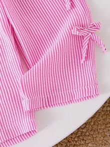 2 件套女婴休闲时尚套装：带刺绣大蝴蝶结和喇叭袖的长袖上衣，以及带多个 3D 蝴蝶结的条纹直筒裤 - 白色 - 查看 7