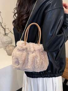 Fashion Plush Horizontal Square Fur Bag, Urban Simple Magnetic Buckle Open Large Capacity Daily Hand Bag Crossbody Bag - Khaki - View 3