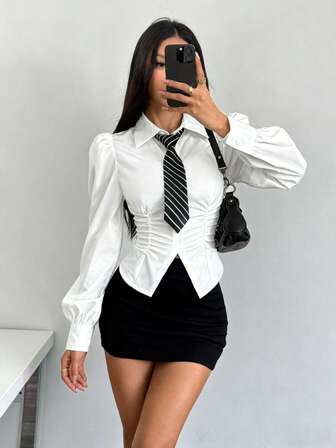 女士新款时尚百搭通勤系领褶裥前襟纽扣长袖衬衫