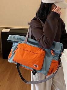 Faltbare Reisetasche mit großer Kapazität, Handgepäcktasche mit Trolley-Schlitz, Farbblockdesign mit mehreren Taschen, Schultertasche für den Arbeitsweg, Fitnessstudio & Nass-Trocken-Trennung - Verschiedenfarbig - Übersicht 3