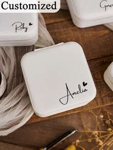 个性化心形首饰盒 - 可定制伴娘旅行收纳盒，可镌刻文字，适合求婚、婚礼及其他特殊场合，白色优雅设计，拉链封口，织物内衬，新娘派对礼物 | 经典设计 | 分隔式设计，伴娘礼物，首饰盒 - 彩色 - 查看 7