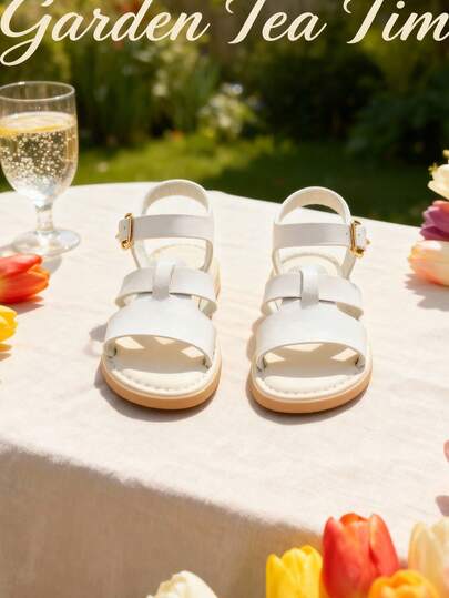 Giày sandal quai chéo trẻ em mới 2025 - Giày sandal đế bằng da trắng khóa vàng, đế xuồng, hở mũi thoải mái cho mùa hè, thích hợp cho tiệc tùng và mặc hàng ngày (Cỡ 26-36), dành cho trẻ em từ 3-12 tuổi
