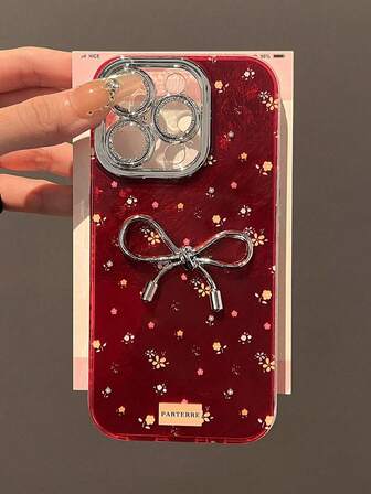 勃艮第高端红色花卉金属 3D 蝴蝶结手机壳适用于 16 Pro Max、新款 15 Pro、14 Plus、13、女士奢华设计 11、15 Pro，包含镜头膜、12/11 防震保护套防水防摔防刮