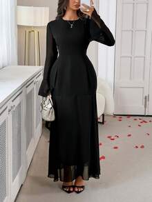 PoPoHouse Women's Autumn Solid Color Charm Elegant Lace-Up Slim Flared Sleeve A Line Flouncy Long Sleeve Dress