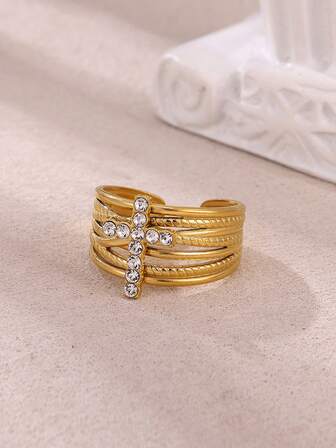 1 pieza Anillo ajustable abierto de acero inoxidable con incrustaciones de circonita en estilo punk de lujo para uso diario de mujeres