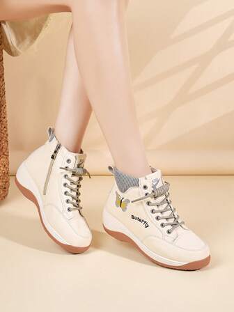 女士厚底时尚靴，系带蝴蝶结侧拉链，百搭轻便防滑软底耐穿系带休闲踝靴，秋冬款