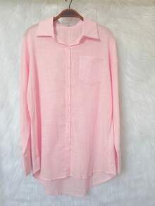 Women's Long-Sleeved Linen Shirt - 粉色 - 查看 2