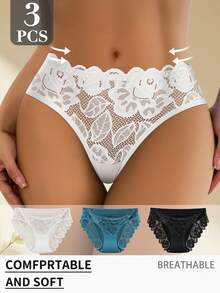 3pcs Women's Mid-Waist Lace Print Briefs, Comfortable, Skin-Friendly, Breathable, Available In S-XXL - Multicolor - View 2