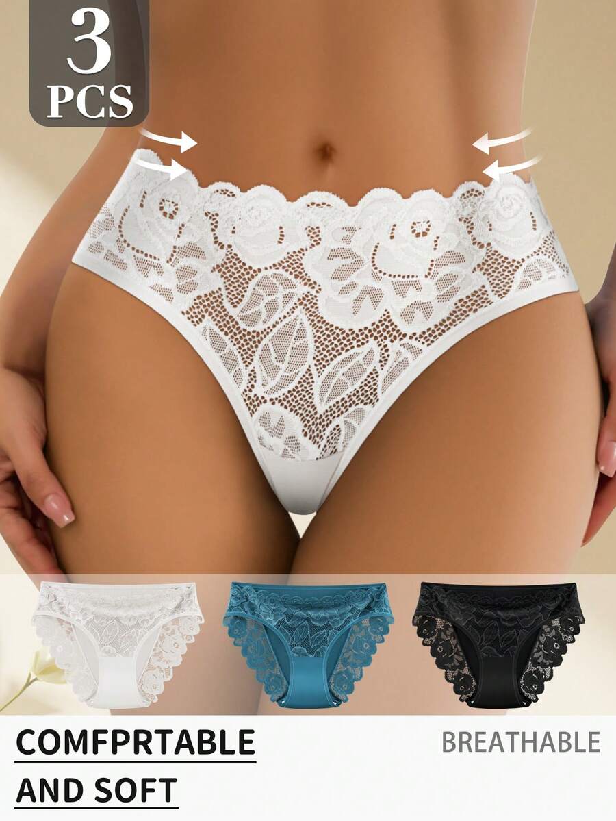 3pcs Women's Mid-Waist Lace Print Briefs, Comfortable, Skin-Friendly, Breathable, Available In S-XXL