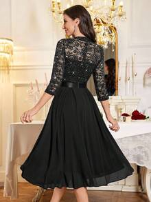MIUSOL Đầm xòe chiffon tay lửng 3/4 cổ cao đính sequin và ren hoa, kiểu dáng thanh lịch dành cho nữ, thích hợp dự tiệc cưới, lễ tốt nghiệp, tiệc tối trang trọng và các dịp khác, màu đen cho ngày Valentine mùa xuân. - màu đen - Xem 3