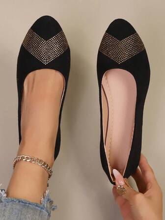 Women's Elegant Pointed Toe Shoes With Rhinestone Decor, Versatile For Daily Commute, Date, Labor Day, Shopping, Spring/Autumn