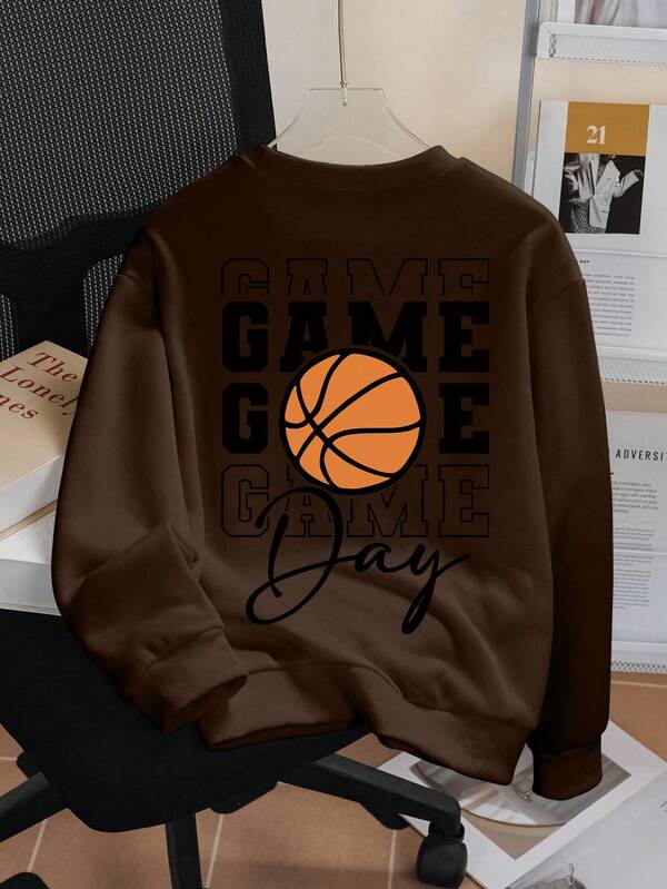Tween Boys Casual Sporty Style Basketball Pattern Round Neck Long Sleeve Sweatshirt Autumn And Winter Student Boys Clothes