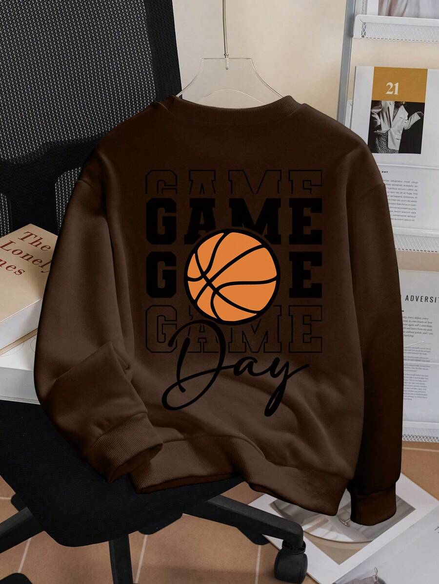 Tween Boys Casual Sporty Style Basketball Pattern Round Neck Long Sleeve Sweatshirt Autumn And Winter Student Boys Clothes - Brown - View 1