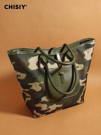 Nueva bolsa de tote grande de camuflaje de albaricoque original, bolso de mano de alta capacidad con parche de PU con estampado de camuflaje, bolso de tote espacioso y de moda adecuado para ir al trabajo, uso casual y la escuela