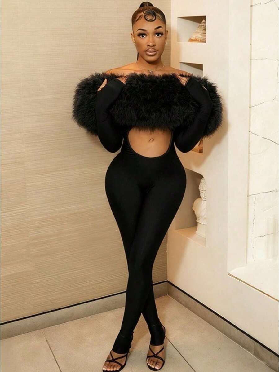 2025 Autumn And Winter Women's Fur Collar Long Sleeved Exposed Navel Tight Jumpsuit - màu đen - Xem 1