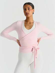 Women Ballet Wrap Top Long Sleeve Deep V Neck Cross Tie Workout Pilates Yoga Shirts Wrap Tie Crop Tops Sportswear Y2k Streetwear Slim Fitted Coquette Blouses - 粉色 - 查看 3