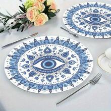 4PC Evil Eye Design Placemats - 15x15inch /38x 38cm , Washable Polyester Round Table Mats, Suitable For Kitchen And Dining Rooms, Blue And White Floral Pattern With Evil Eye Symbol, Suitable For Holiday Parties And Home Decoration, Dining Table Accessories|Evil Eye Pattern|Durable Tableware| Non-Slip/Easy-To-Clean Dining Table Mat| Perfect For Dining Tables And Parties - Nhiều màu - Xem 2