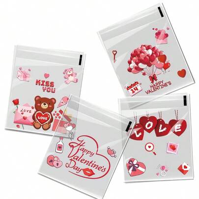 100pcs Heart Print Gift Bags, Happy Valentine's Day Gift Packaging Bags, Self-Adhesive Bags Suitable For Events, Parties, Weddings, Engagements, Anniversaries, Valentine's Day Decoration