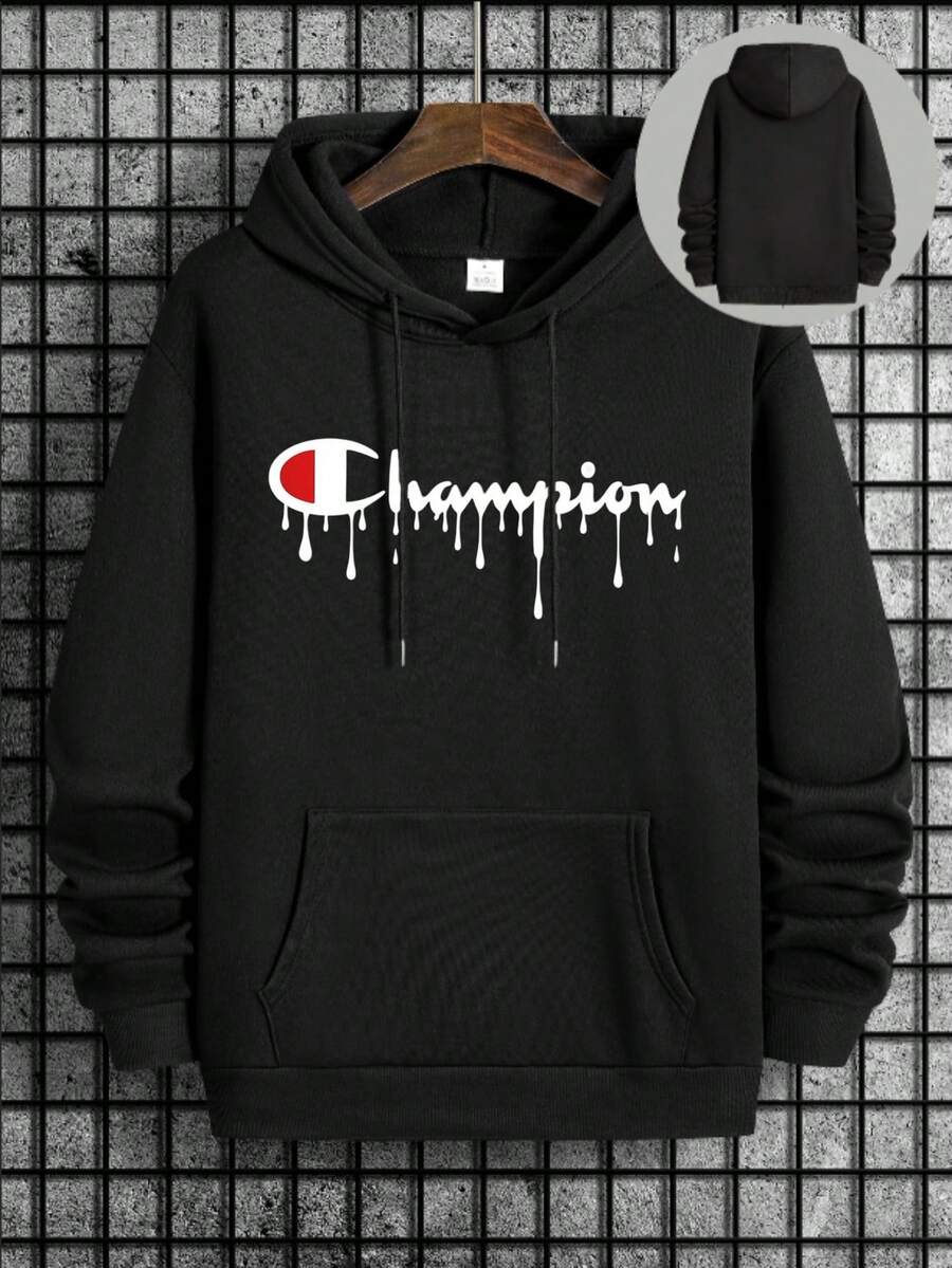 Men Graphic Hoodies | Champion Logo With Drip Effect Men's Fashion Hoodie | Fleece Lined Fabric, Winter Warm Hooded Sweatshirt | Gift For Husband/Boyfriend | Unisex - 黑色 - 查看 1
