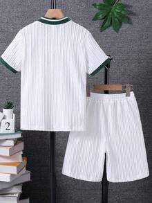 2pcs Men's Casual Fashion Tracksuit, Contrast Color Rib Knit Soft & Comfortable Fabric, Essential Top And Shorts Set, Elegant Minimalist Style, Cozy Outfits - 白色 - 查看 3