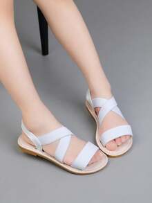 Girls' Sandals, New Summer Roman Sandals, Casual Flat Sandals, Toddler & Little Kid Soft Bottom Elastic Strap Open Toe Beach Shoes - White - View 4