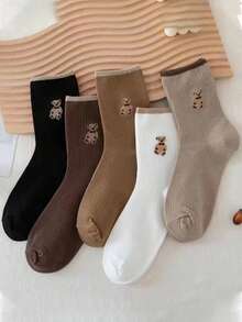 5pairs Women Simple Stylish Teddy Bear Pattern Crew Socks, Multi-Season Versatile, Fall - Multicolor - View 1