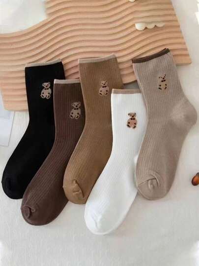 5pairs Women Simple Stylish Teddy Bear Pattern Crew Socks, Multi-Season Versatile, Fall