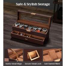GSYY Watch Case Box For Men - 7 O Watches Sage Organizer Real-Glass Dilay Case With Ewelry Der 2-Layer PU Leather Collecn Holder Gift For Loved Ones Brown - 棕色 - 查看 4