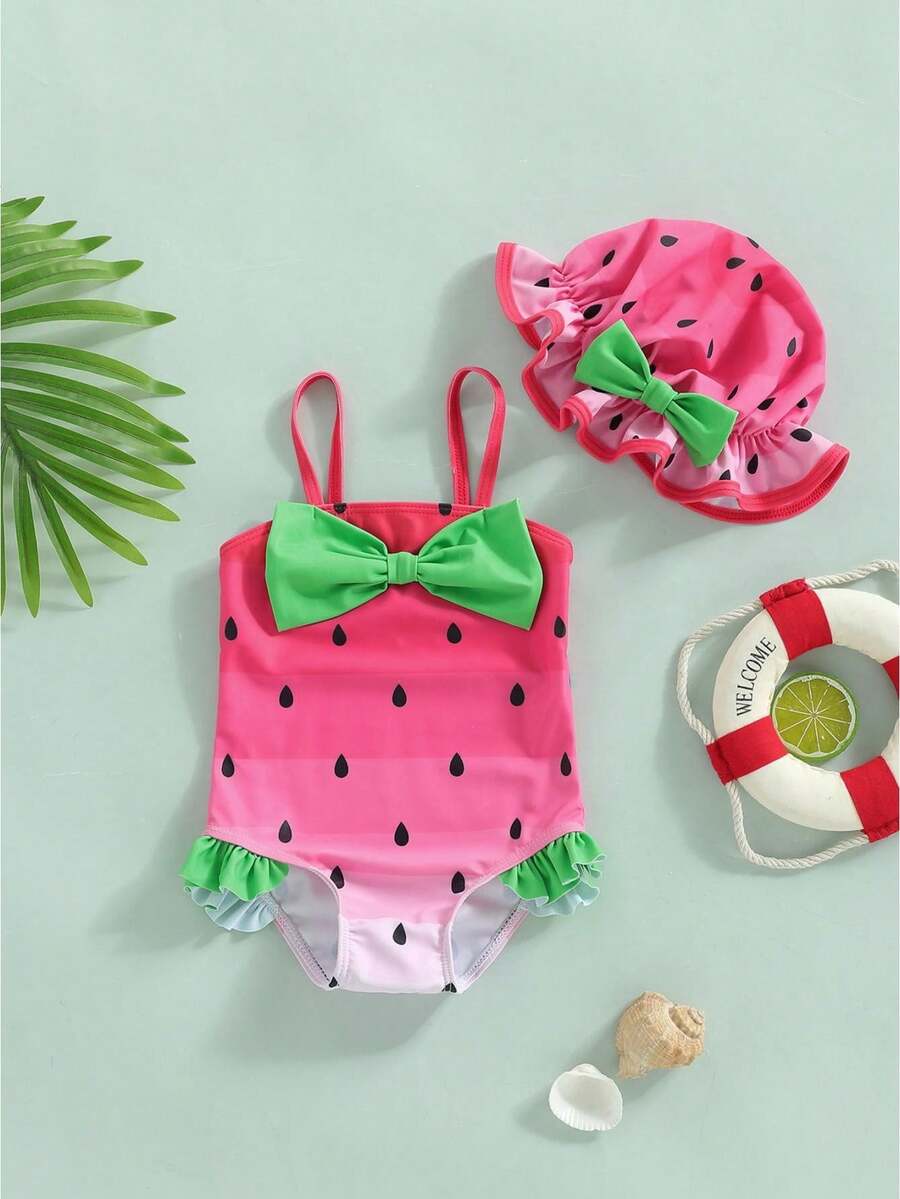 2Pcs Baby Girl Watermelon Print Swimsuit Cute Fashionable Spaghetti Strap Sleeveless Swimwear With Hat - Đỏ - Xem 1